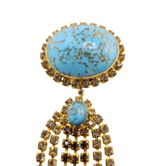Vintage Turquoise Hubble Glass & Rhinestone Dangle Brooch (A8145) - Picture 4 of 5